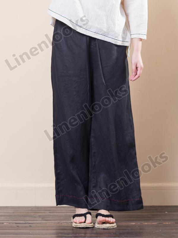 Women Linen Solid Color Elastic Waist Loose Casual Wide Leg Pants