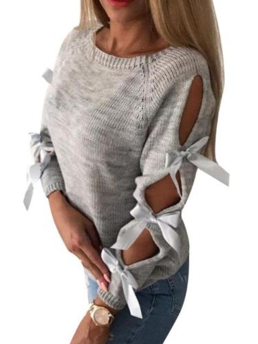 Round Neck Sweater Women Pullover Casual  Sweater Female Cotton Long Sleeve Openwork Tie with Bow