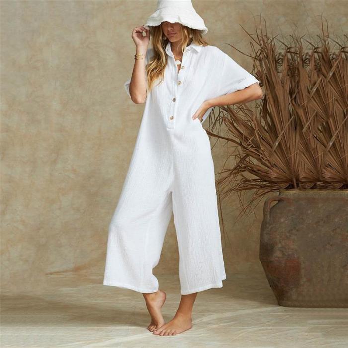 Button Down Collar  Single Breasted  Plain  Short Sleeve Jumpsuit