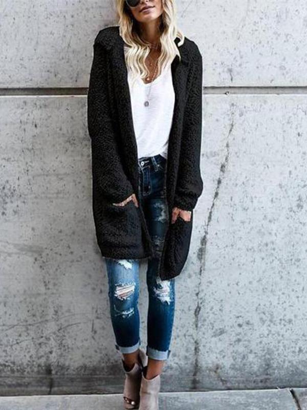 Mid-Length Knit Cardigan Solid Color Plush Coat Outwear