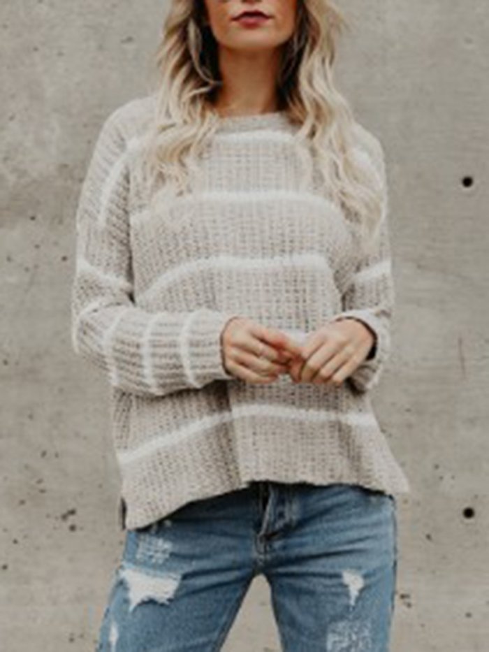 Stripe Knitted Striped Long Sleeve Crew Neck Sweaters