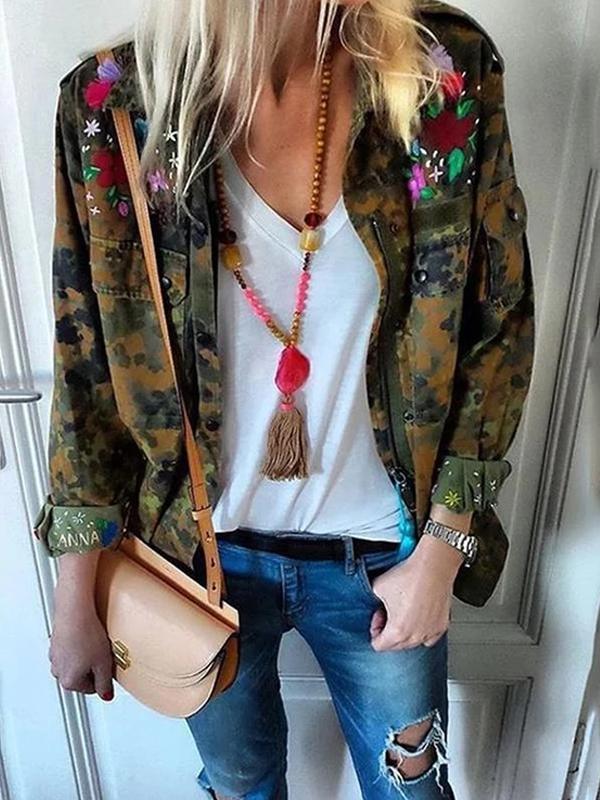 Women's Fashion Camouflage Pattern Single-Breasted Long Sleeve Cardigan