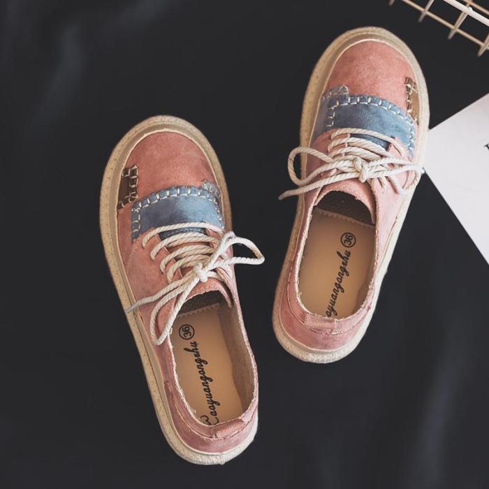 Pink Lace-up Platform Spring/Fall Suede Daily Flats