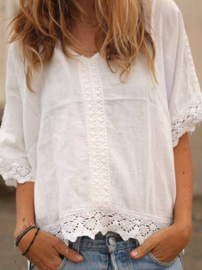 White V Neck Cotton-Blend A-Line Short Sleeve Shirts & Tops