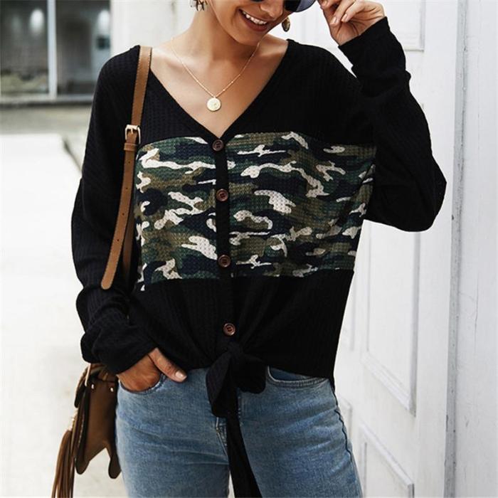 Casual Camouflage Print Knotted Knit  T-Shirt Cardigan