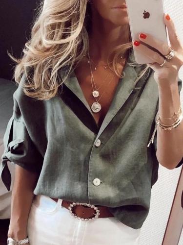 Casual Solid 3/4 Sleeve V Neck Shirts & Tops