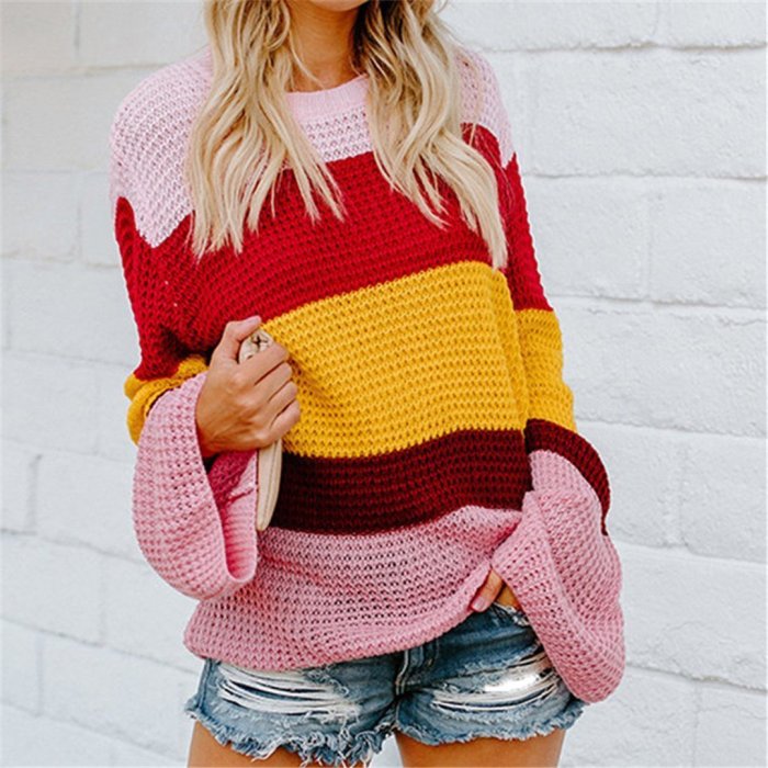 Fashion Rainbow Stitching Knit Circular Neck Sweater