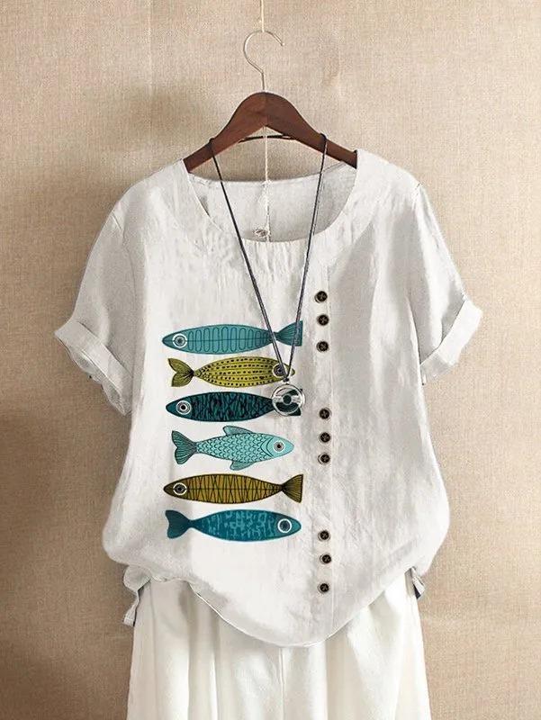 Short Sleeve Crew Neck Fish Print Shirts & Tops