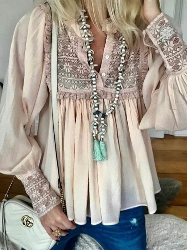 Pink Guipure Lace Long Sleeve V Neck Blouse