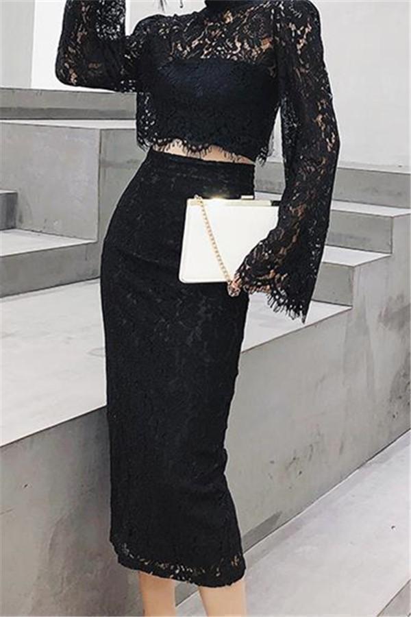 Casual Sexy Horn Sleeve Jacket And Half Length Skirt Lace Suit
