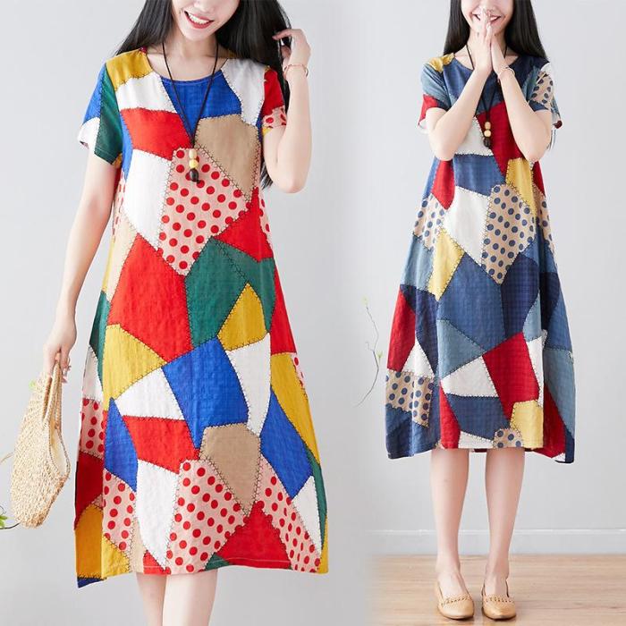 Geometric Print Women Plus Size Cotton Linen Printed O-neck Short-sleeved A-Line Dress