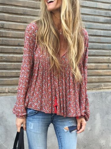 Casual Printed/dyed V Neck Long Sleeve Shirts & Tops