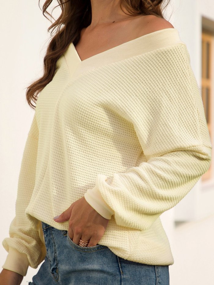 Casual V Neck Long Sleeve Solid Backless Sweaters