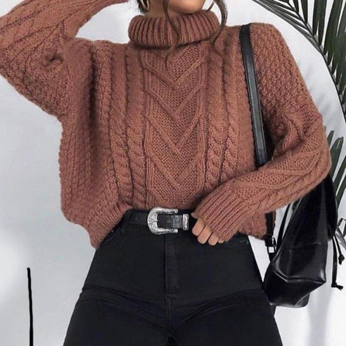 Casual Pile Collar Solid Color Twist Loose Knit Sweater