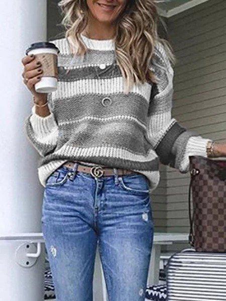 Long Sleeve Crew Neck Striped Sweaters
