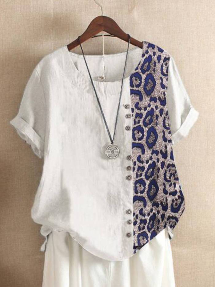 Leopard-Print Cotton-Blend Casual Short Sleeve Shirts & Tops
