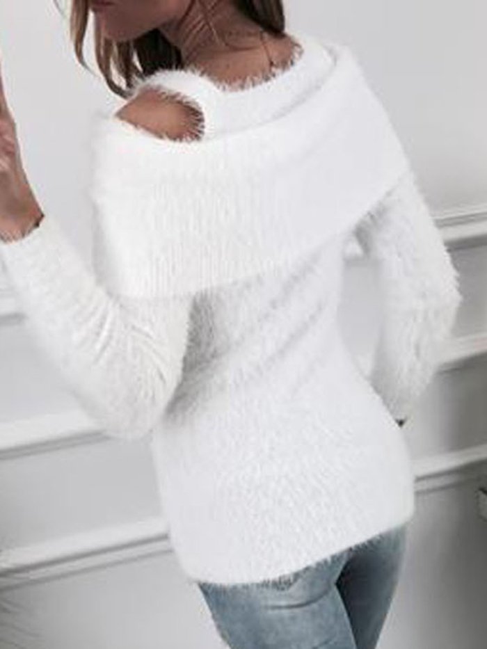 White Solid Cold Shoulder Polyester Casual Sweater