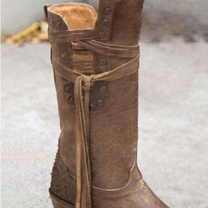 Mid Calf Boots Western Booties Boho V-Open Fringe Shoes