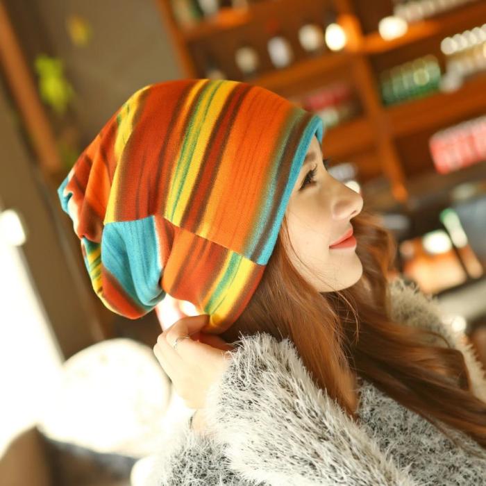 Winter Hip-Hop Hat &Scarf Multifunction Women Knitted Hat Lady Skullies Piles Striped Cap
