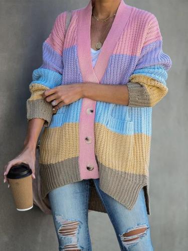 Multicolor Round Neck Knitted Long Sleeve Color-Block Outerwear