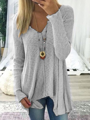 White Long Sleeve Solid Cotton V-Neck Casual Tops