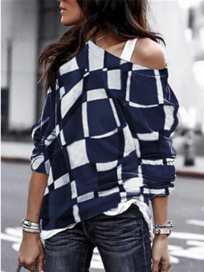 Women Long Sleeve Checkered Cotton-Blend Geometric Off-shoulder T-Shirts