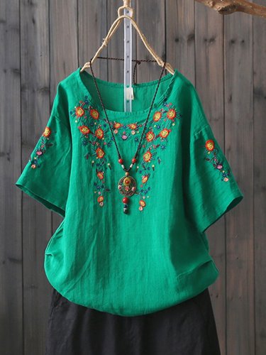 Women Casual Loose Embroidered Tops Tunic Blouse Shirt