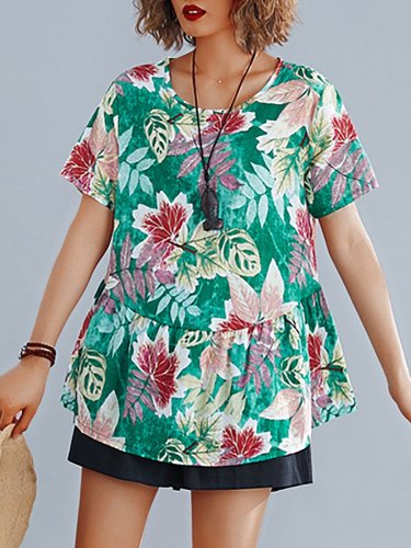 Plus Size Women Short  Sleeve  Round Neck   Leaf  Floral T-shirts