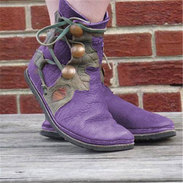 Women Casual Lace-Up Flat Heel Soft Leather Ankle Boots