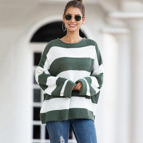 Autumn and Winter New Women's Sweater Women's Curled Round Neck Striped Striped Color-matching Sweater Knit Sweater Women