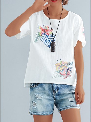 Plus Size Cotton Linen Embroidered Solid Loose Casual T-shirts