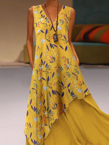 Yellow V Neck Sleeveless Cotton-Blend Dresses