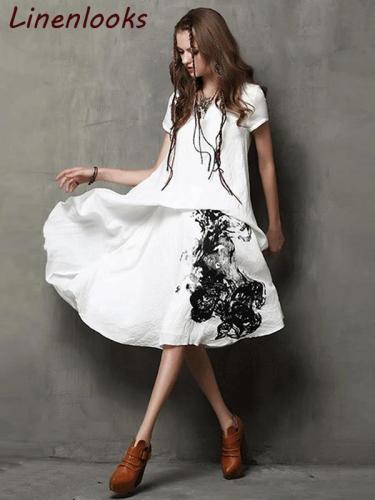 Vintage Cotton Linen Short Sleeve V-Neck Ink-Painting Print Maxi Dresses