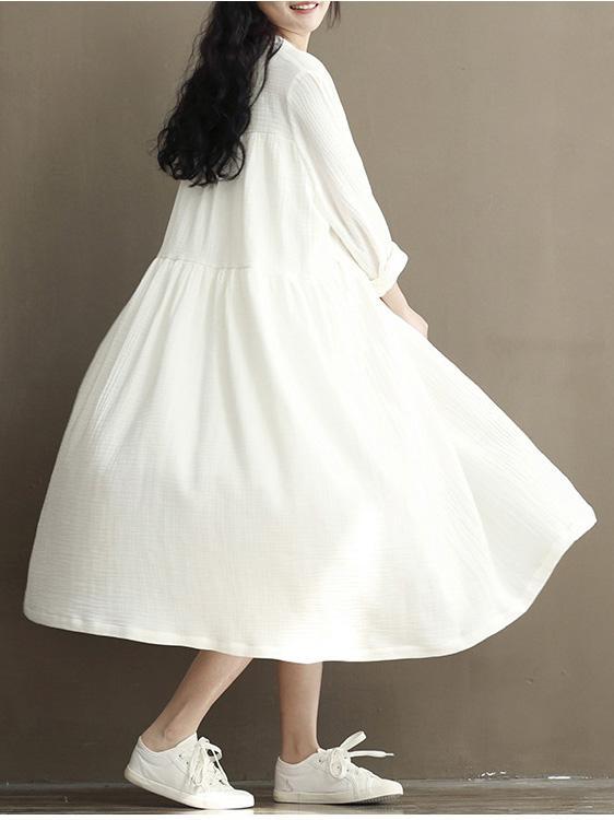 Long Sleeve Women Casual Loose Linen Cotton Solid Dress