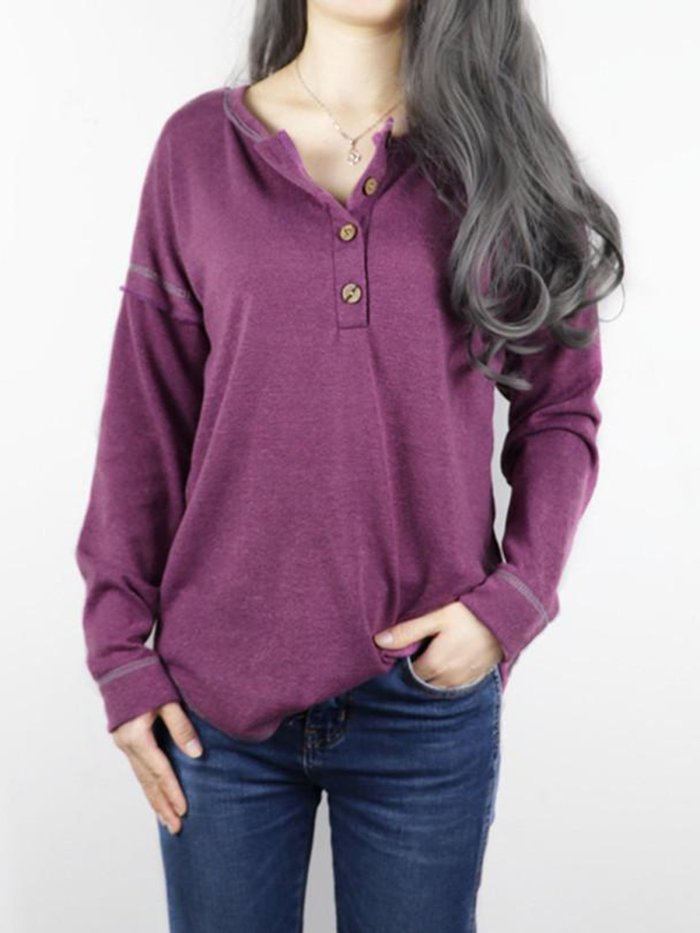Fashion Round Neck With Button Plain Casual Blouse