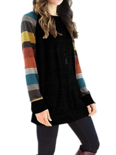 Round Neck Casual Striped Cotton Blouse & Shirts