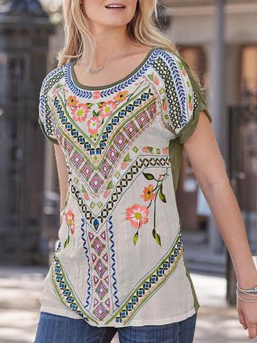 Cotton-Blend Short Sleeve Round Neck Holiday Shirts & Tops
