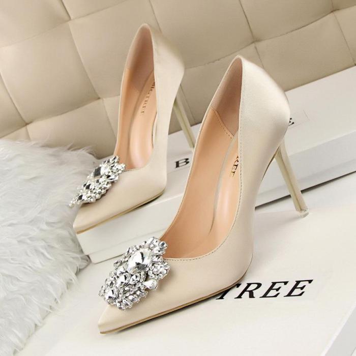 Sexy Pointed Toe Pumps Crystal Silk Shallow Women's Wedding High Heels Shoes