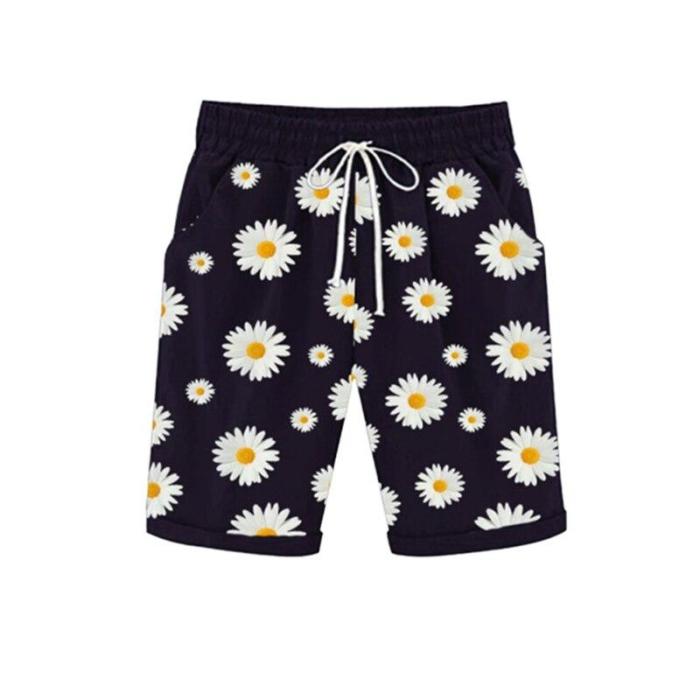 Bohemian Casual Sunflower Floral Printed Shorts Drawstring Short Femme Loose Shorts