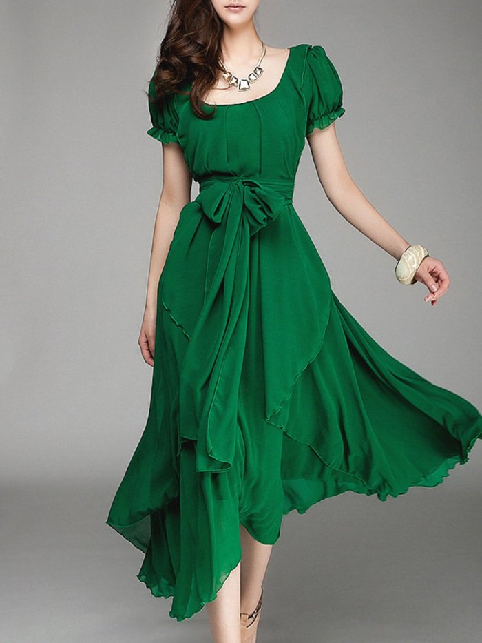 Green Asymmetric Chiffon Resort Holiday Dress with Belt