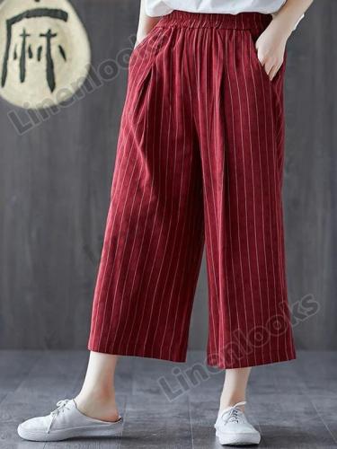 New Cotton and Linen Stripes Wide Leg Pants Women Cotton and Linen Pants