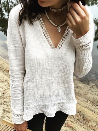 White V Neck Casual Long Sleeve Shirts & Tops