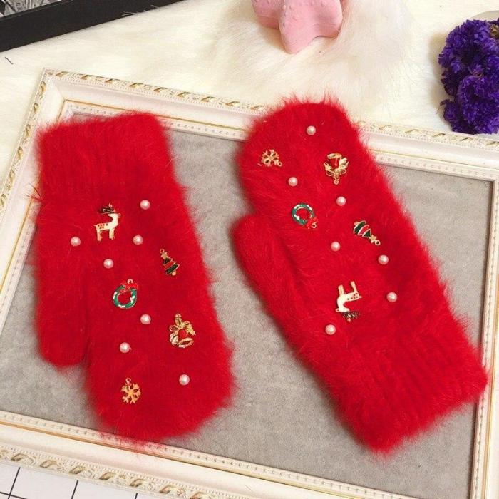 Merry Christmas Gift Women Winter Gloves Fashion Ornaments Knit Gloves Rabbit Fur Gloves