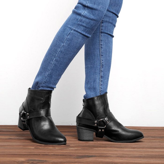 Women Fashion PU Western Booties Casual Zipper Low Heel Ankle Boots
