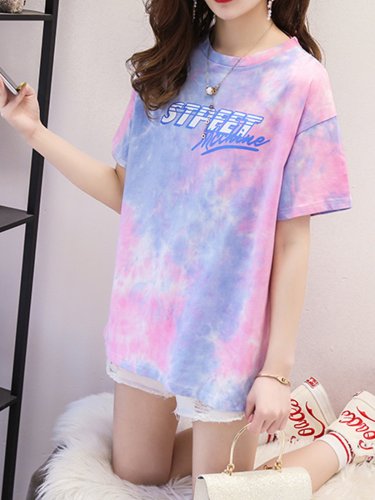 Women Short Sleeve Round Neck Vintage Gradient Tie Dyeing  Floral Casual Tops