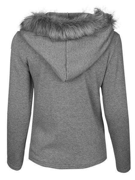 Solid Long Sleeve Faux Fur Hoodie Pockets Casual Coats