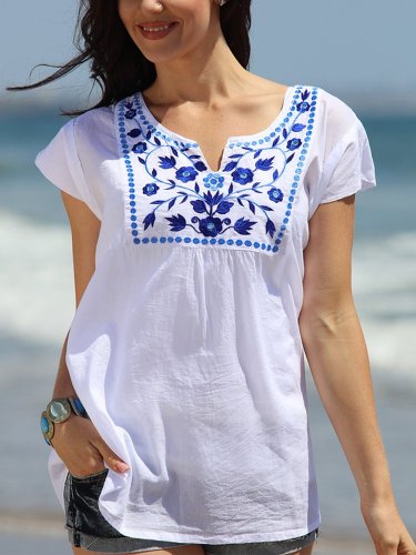 White V Neck Holiday Cotton-Blend Printed Shirts & Tops