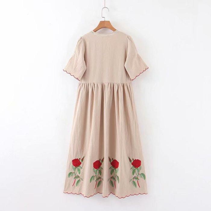 Floral embroidery short sleeve beach Bohemian linen cotton maxi dress