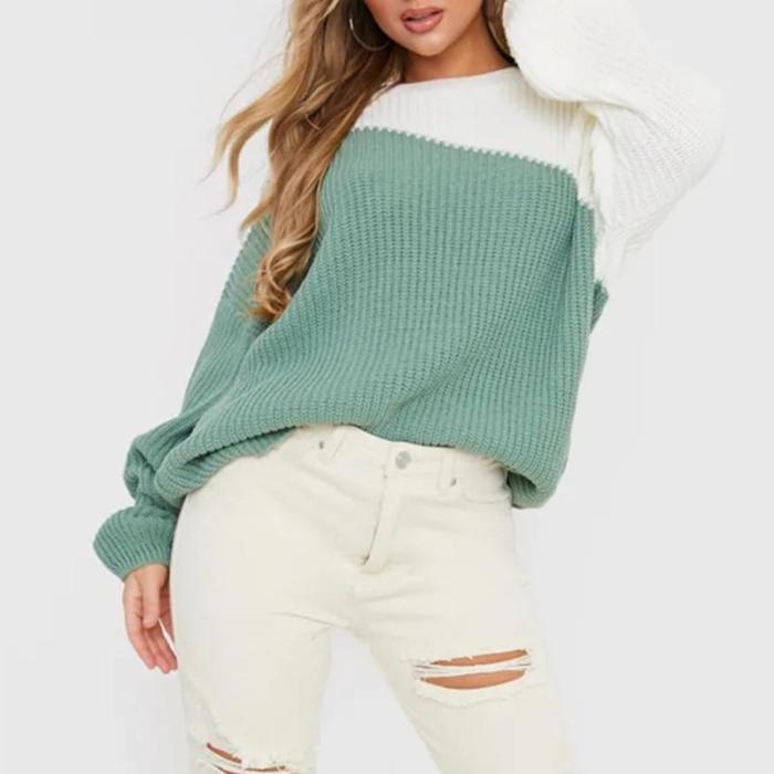 2020 spring new explosion style European and American style loose round neck fashion stitching knitted top  girls sweaters