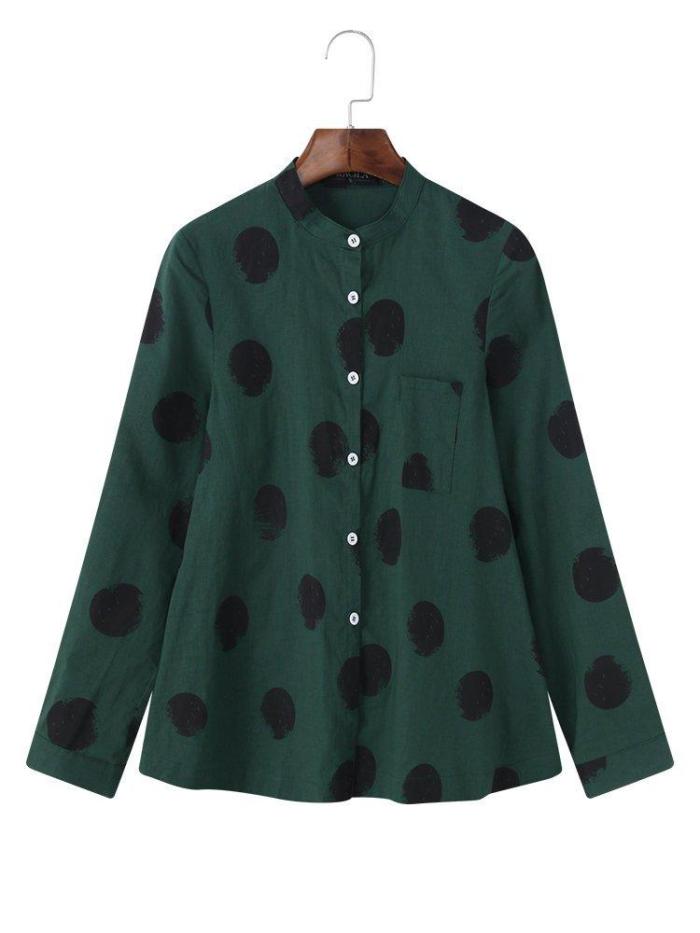 Women Casual Polka Dot Cotton Tops Long Sleeve Stand Collar Blouses
